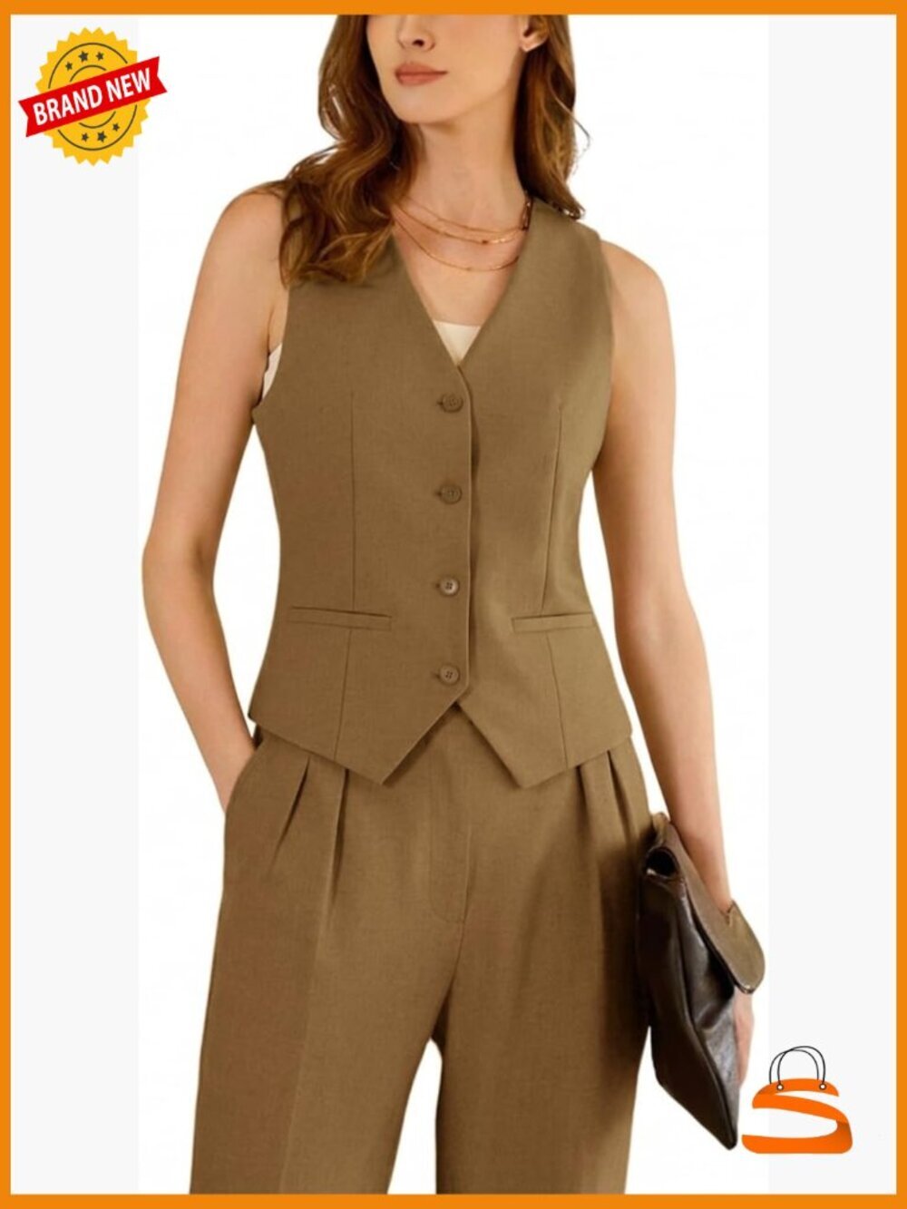 Women's 2 Piece Linen Vest Pant Suit Set Slim Fit Business Office Pantsuit